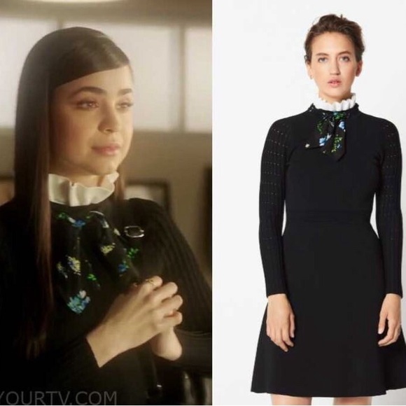 Sandro • Clemence Ruffle with Silk Scarf Collar Knit Dress in Black - Picture 4 of 14